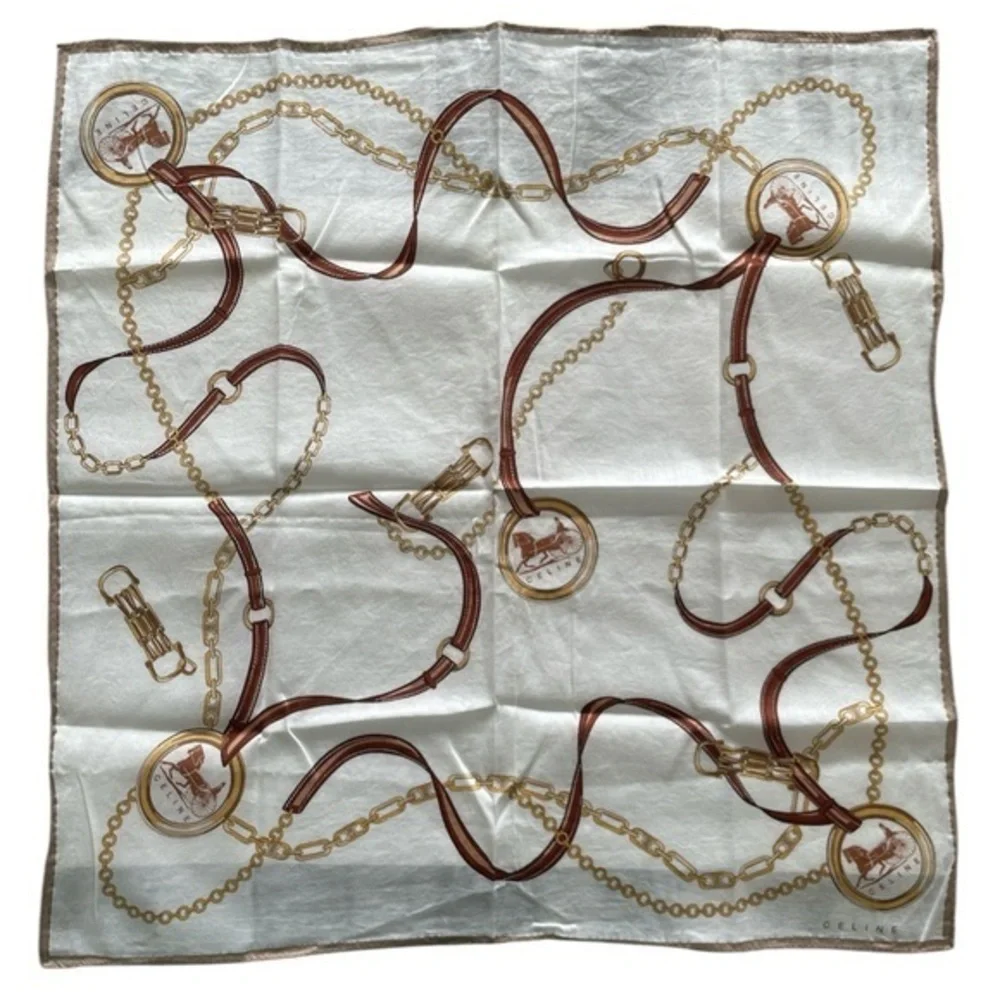 Authentic Celine Vintage Equestrian Chain Print Handkerchief in White and Brown